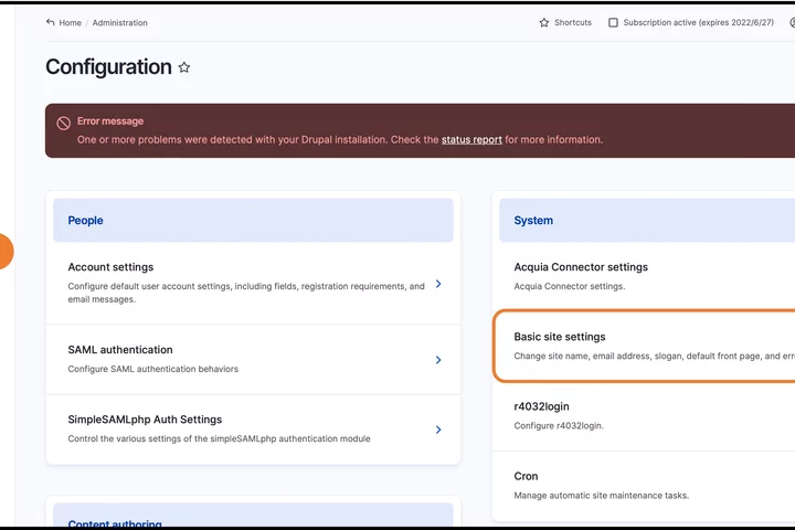 Edit section on the Drupal Admin Panel Configuration and Basic site settings