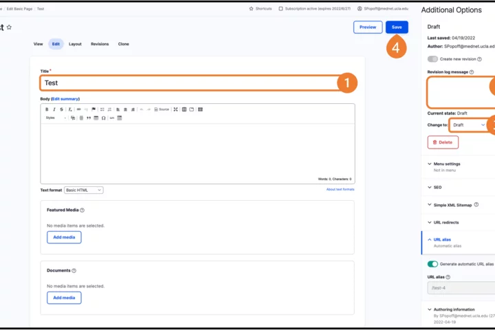 Edit section on the Drupal Admin Panel Default Revision log message