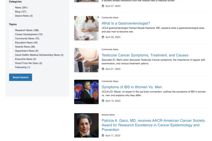 Example of the new search page for articles and events